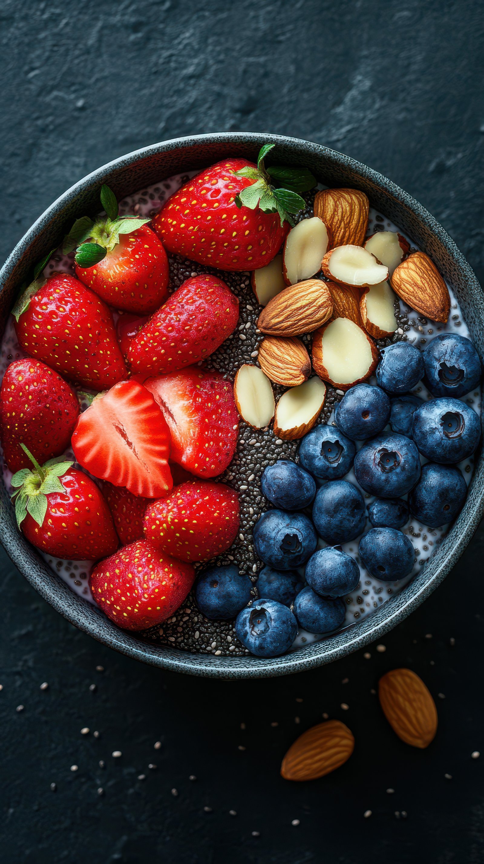 Berry and nut breakfast bowl featuring fresh strawberries and blueberries with chia seeds, served in a black bowl on a dark textured surface